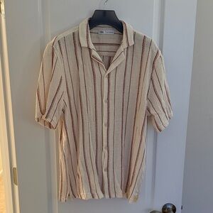 Zara Men's Cream and Red Striped Casual Shirt